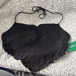SHEIN Black Eyelet Halter Crop Top